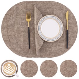 Homaxy Round Faux Leather Placemats and Coasters, Washable Dual-Side Table Mats, Wipeable Heat-Resistant Dining Place Mats for Outdoor and Indoor, Set of 4, Diameter 13 and 3.93 inch, Light Brown