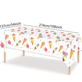 Dusenly Ice Cream Party Table Cover Disposable Rectangular Plastic Tablecloth Ice Cream Party Supplies Girls Birthday Summer Party Decorations