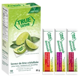 True Lime Water Enhancer (Bilingual Label) - Sugar Free Zero Calories 100% Natural Lime for Water and Tea - Single-Serve Packets 100 Count - Made from Real Limes, No Preservatives + Variety Sample Sticks