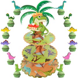 Dinosaur Cupcake Stand - 3 Tier Green Dinosaur Cupcake Stand with 12 Pcs Dinosaur Cupcake Toppers Dino Theme Birthday Party Supplies Dinosaur Birthday Party Decorations for Boys