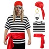 Boyigog Pirate Costume for Adults - Pack of 5 with Black and White Striped Top, Headscarf, Belt, Pirate Eye Patch, Earrings, Carnival Masquerades Cosplay Pirate Costume for Adults