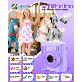 Mgaolo Kids Camera with Instant Print, Thermal Printing Digital Camera Gift for 3-12 Years Old Children, Safe Ink-Free Design, Toy for Creativity & Learning (Purple)