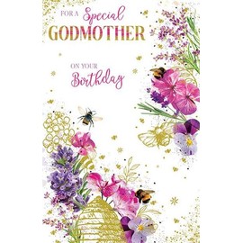 Paper Rose Special Godmother Birthday Card - Bees and Flowers with Foil Details - Eco-Friendly and Recyclable