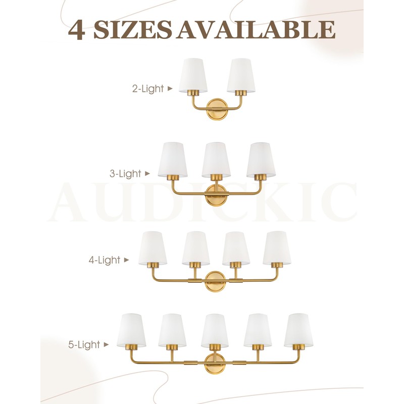 Audickic Brushed Gold Bathroom Light Fixtures with White Fabric Shades