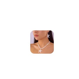 Summer White Rope Chain Starfish Pendant Necklace Earrings Sets Bikini Multi-layered Clavicle Chain Necklace Crystal Big Starfish Earrings for Women (White)
