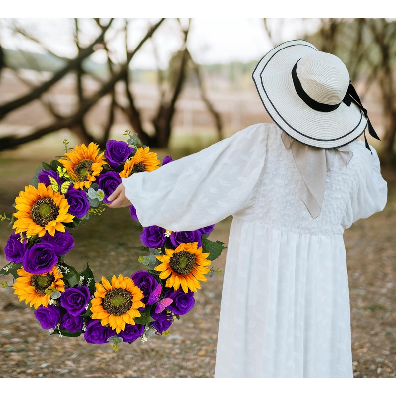 SUHOOKOO Cemetery Wreaths for Grave Decoration,Golden Sunflower and Purple Rose,