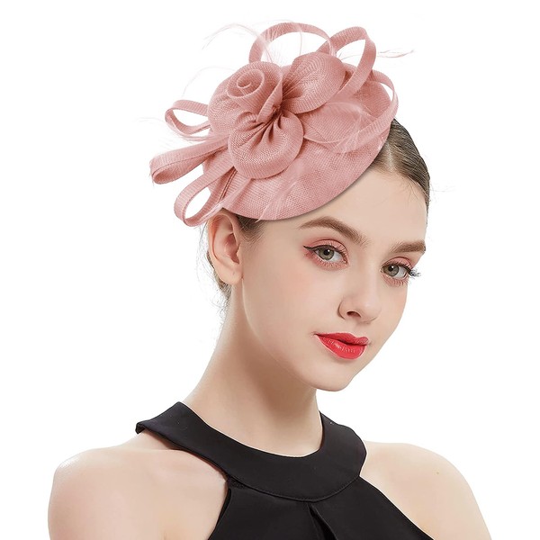 Z&X Wedding Fascinator Sinamay Headband Tea Party Hats for Women Flower Feather Derby Pillbox Hat Clips, 007 Nude Pink