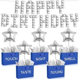 Supervitae 5 Senses Gift Bags for Him Birthday Party Decoration with Happy Birthday Banner Balloons and Tissue Paper Five Senses Gift Bag for Women Men Anniversary Party(Blue,Vivid Style)