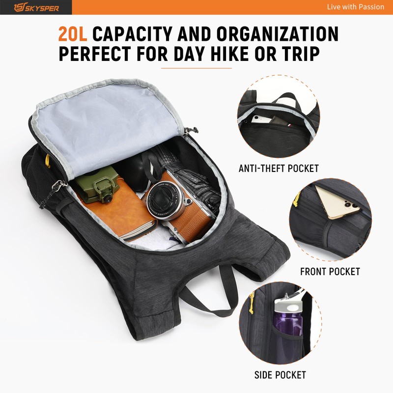 SKYSPER Small Daypack 10L/15L/20L Hiking Backpack Packable Lightweight Travel Day