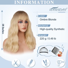 BARSDAR 46 cm Curly Wavy Blonde Wig with Fringe, Wavy Medium Long Wig with Fringe for Women Shoulder Length Hair Wig Synthetic Heat Resistant Wig Cosplay Party - Ombre Blonde