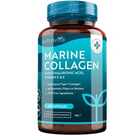 Marine Collagen 1000mg - 60 Capsules of Superior Type 1 Hydrolysed Collagen - Enhanced with Hyaluronic Acid, Vitamin C, Vitamin E, Vitamin B2, Zinc, Copper and Iodine - Made in The UK by Nutravita