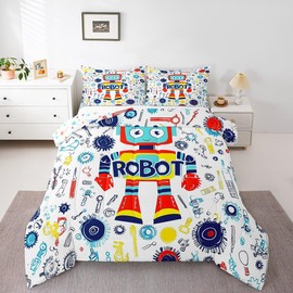 Erosebridal Boys Cartoon Robot Bedding Set Colorful Robot Pattern Full Comforter Set for Kids Teens Outer Space Down Comforter Kawaii Decor Bedding Comforter Sets for Room