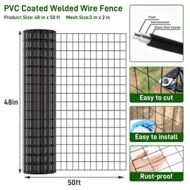 Garden Fence Black PVC Coated Welded Wire Fence 48 Inch x 50 Foot, 2 Inch x 3 Inch 16GA, Garden Border Fencing Roll Vinyl Coating Metal Wire Mesh for Yard Vegetable Plant Protection Poultry Netting