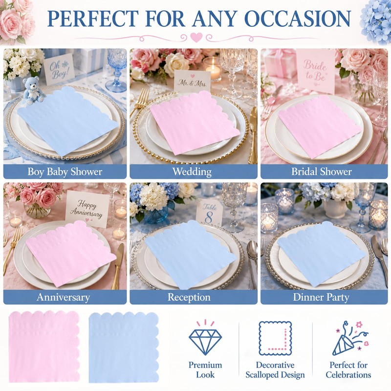 120 Pcs Pink and Blue Napkins,Gradient Pink and Blue Scalloped