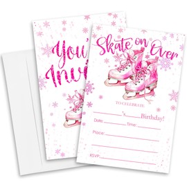 KPTQO 20 Ice Skating Birthday Invitations - Skate On Over - Pink Skates Fill In Birthday Invites With Envelopes For Girl Boy, Skating Party Favors And Supplies(4 X 6) -A10
