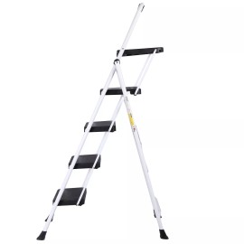 SEGAWE 4 Step Ladder Folding Steel Ladder with Non-Slip Wide Pedal and Tool Tray White