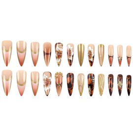 Gold Press on Nails Long Stiletto Fake Nails Handmade False Nails with Flower Rhinestones Designs Stick on Nails for Women 24 Pcs (Gold-6, L-6)