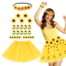 Fynleka Women's Sunflower Costume - Yellow Tulle Skirt + 25 Pieces Sunflower Flower Heads + Sunflower Headband Hair Accessories for Carnival Fancy Dress Theme Party, yellow