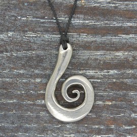 Handmade Pewter New Zealand Large Koru Spiral Pendant on Waxed Cord