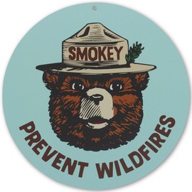 Smokey Bear Prevent Wildfires Blue Round Metal Sign - Vintage Smokey Bear Wall Decor for Man Cave, Cabin or Garage