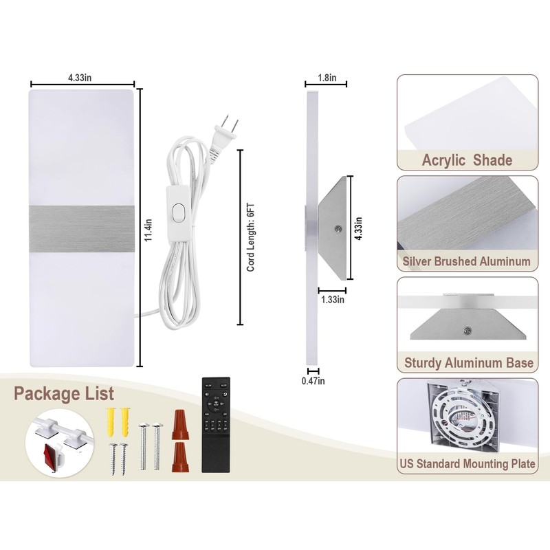 Plug in Wall Sconces with Remote, 3000K-6500K Stepless Color Temperature,