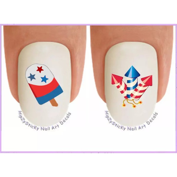 "Handmade" Nail Art J713 July 4th RWB Popsicle Fireworks Waterslide