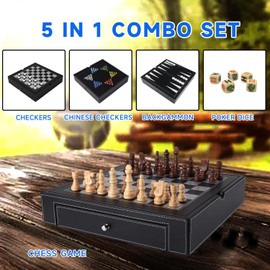 GSE Games & Sports Expert 12.5" Premium Leather 5-in-1 Chess, Checkers, Backgammon, Chinese Checkers, and Poker Dice Board Game Combo Set for Kids & Adults