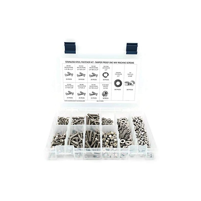 Stainless Steel Tamper Proof 1/4"-20 One Way Machine Screw Kit