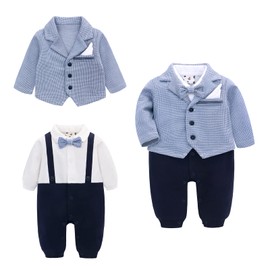 famuka Baby Boy Two Piece Suit Coat and Romper Outfit Infant Formal Suit Toddlers Wedding Tuxedo (Blue, 24M)