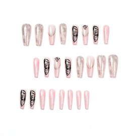 Glossy Glitter Butterfly Press on Nails Long Coffin Pink Fake Nails Butterfly Design 3D Diamond False Nails Ballerina Full Cover Acrylic Nails for Women and Girle 24Pcs