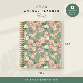 2024 Floral Annual Planner by Bright Day, Yearly Monthly Weekly Daily Spiral Bound Dated Agenda Flexible Cover Tabbed Notebook, 8.25 x 6.25