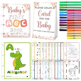 Baby’s First ABC Book Baby Shower Activity & Keepsake Game, A to Z Animal Coloring Cards with 24 Watercolor Pens, Fun & Interactive Baby Shower Game for Guests, Unique Guest Book Alternative (Boho)