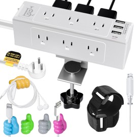 Compact Under mountable Surge Protector Desk clamp Power Strip - Desk Outlet Station USB-C, 9 AC Plugs & 3 USB Ports, Plug in & Out Electronics, Desk Power w/Cable Holders & Hooks - White