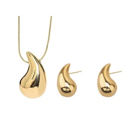 QueenBee 14K Gold Plated Tear Drop Earrings + Necklace Set, Chunky Water Drop Gold Earrings Necklace Duo, Trendy Tear Drop Gold Necklace and Earrings for Women, TearDrop Gold Necklace Earrings Bundle, Trendy Chunky Stylish Gold Jewelry, Birthday Gift Gol