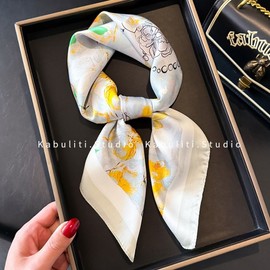 Thin Square Scarf for Women - Sun Protection Neck Wrap 70x70cm / Blooming Golden Lotus Pink 15ea