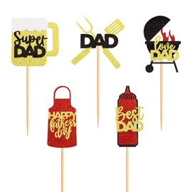 35 decoraciones para cupcakes para el día del padre, diseño de barbacoa, para el día del padre, color rojo y dorado con purpurina, decoración de fiesta de cumpleaños, decoración de tartas, púas para fiesta de cumpleaños del padre, cumpleaños, celebración