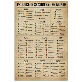 HOUVSSEN Produce in Season by The Month Poster Knowledge Wall Décor Artwork Gift for Mom Chart Sign School Metal Tin Signs 8x12 Inch
