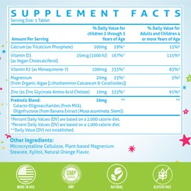 500 MG Calcium Supplement with Vitamin D3 & K2, Zinc, Magnesium & Prebiotics. Kids Vitamins for Kids' Height. Bone Strength, High Absorption, Orange Chewables, Gluten Free, 120 Tabs