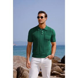 Mens 70s Knit Polo Shirts Short Sleeve Vintage Sweater Polo Summer Casual Shirts Golf Pullover Deep Green 2XL