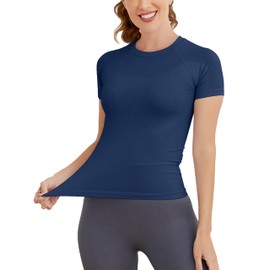 MathCat Short Sleeve Workout Tops for Women, Seamless Workout Shirts for Women, Yoga Athletic Shirts Soft Gym Tops Navy