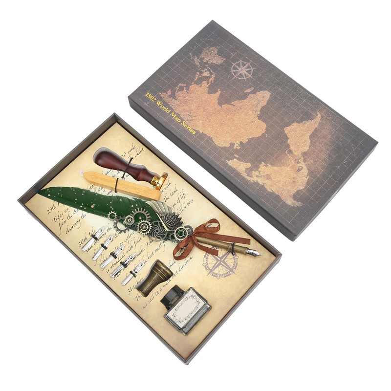Retro Feather Pen Set Vintage Map Pattern Quill Pen Set