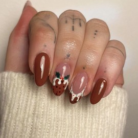 Christmas Press on Nails Medium Almond Fake Nails Brown False Nails with Elk Deer Design Glossy Glue on Nails Full Cover Stick on Nails French Acrylic Nails for Women Xmas Manicure 24Pcs