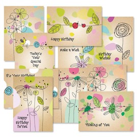 Current Kraft Blossoms Happy Birthday Greeting Card Set - Value Pack of 20 Cards With White Envelopes, 10 Designs, Large 5" x 7" Assortment