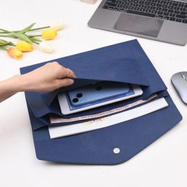 Wason Expanding A4 Document File PU Leather Envelope Case Holder-Large Size Pockets for Paper Bills Stationery Tablet and PC, Work Study Traveling (Dark Blue)