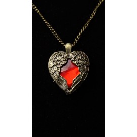 Steampunk Golden Winged Ruby Crystal Heart  Pendant on 24" Chain Necklace