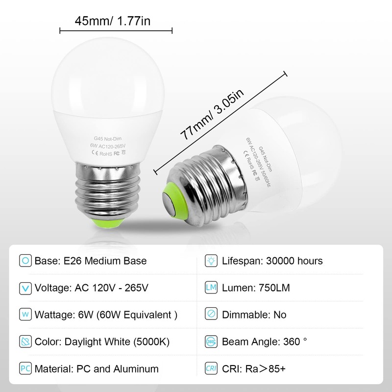 6W E26 Small Globe LED Bulb 60W Equivalent G45/A15 E26
