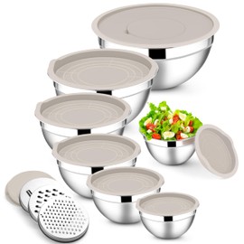 E-far Mixing Bowls with Lids Set, 7-Piece Stainless Steel Mixing Bowls with 3 Grater Attachments, Size 4.6, 3.5, 2.6, 2, 1.5, 1, 0.7QT, Metal Nesting Bowls & Khaki Airtight Lids, For Baking/Cooking