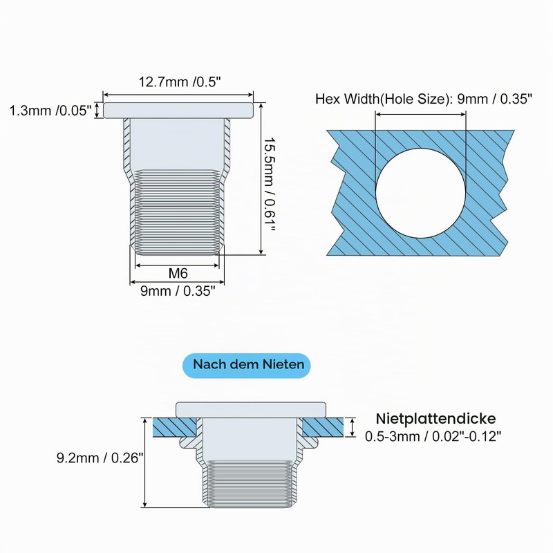 sourcing map M6 Blind Rivet Nuts 60 Pieces Half Hex