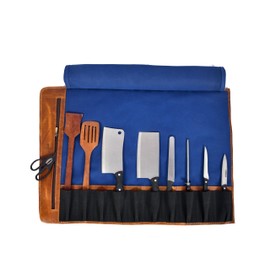 Professional Chef Knife Roll Bag, 8-Piece Kitchen Utensil Set with Leather Case, Navy Blue and Brown (Canvas, Royal)