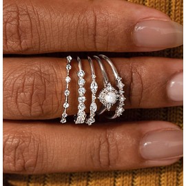 DEARMAY Sterling Silver Rings for Women Dainty Stackable Cubic Zirconia Pearl Silver Jewelry Diamond Ring Set Pack Fashion Pack Simple Non Tarnish Thumb Unique Statement Rings Size 7